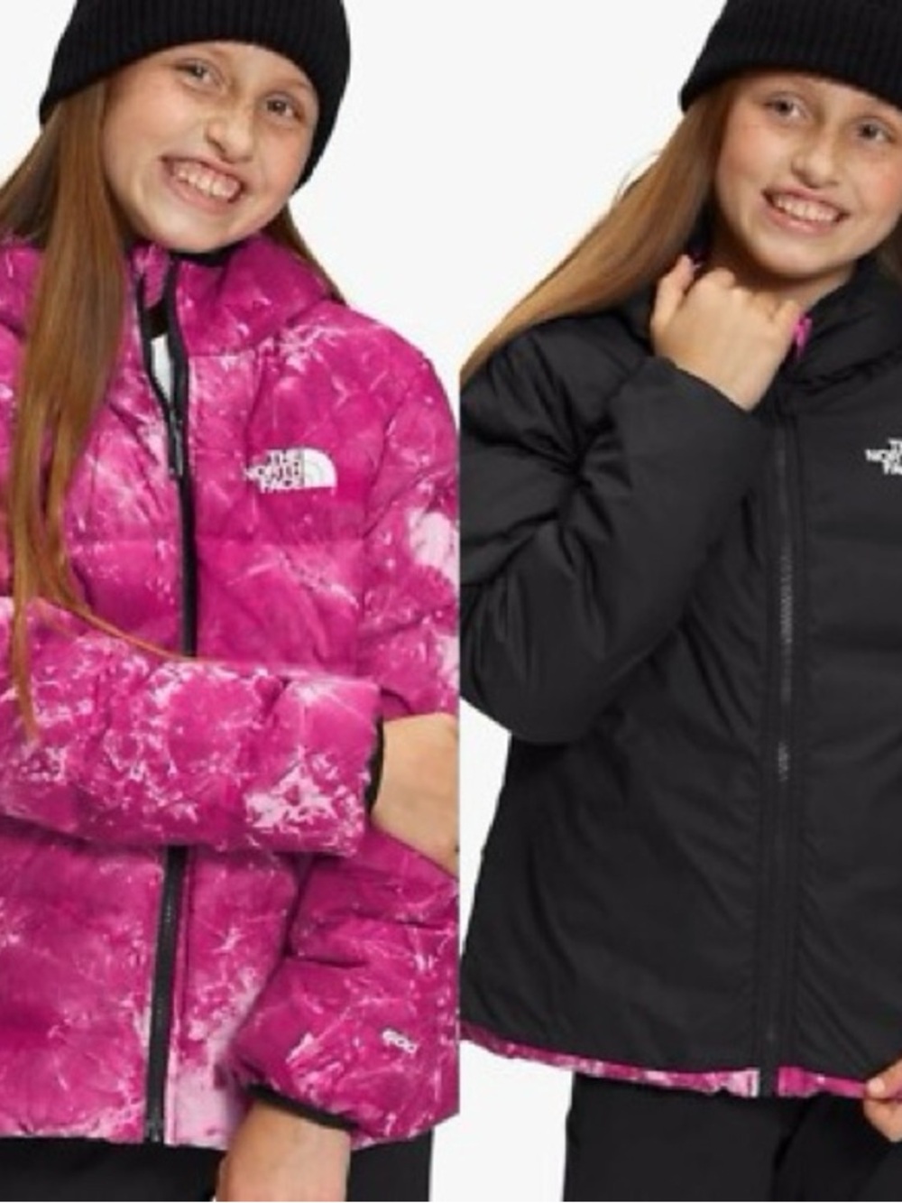 The North Face Reversible Puffer Jacket in Pink Marble and Black